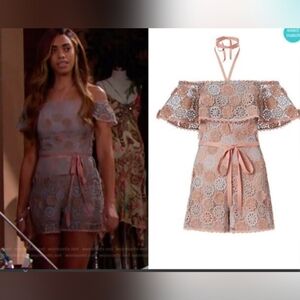 Alexis Lace Off-Shoulder Romper in Pink and Cream